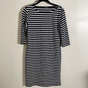Saint James Breton stripe form fitting dress in navy.